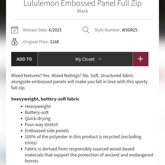 Lululemon RARE Embossed Panel Full Zip Crop Scuba Material Size S - Picture 9 of 9